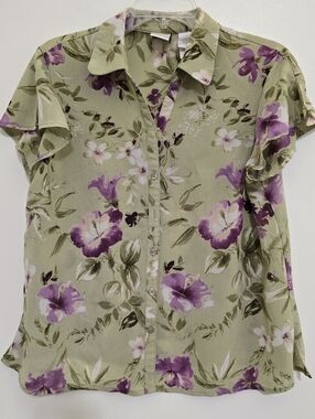 EMMA JAMES size 14 Floral Short Sleeve Button Up Shirt Green Purple Lightweight